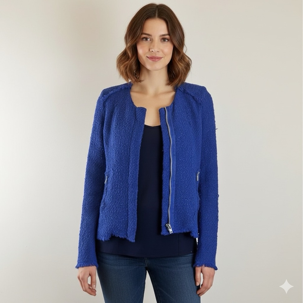 IRO Agnetay Royal Blue Tweed Boucle Cropped Zipper Jacket, Frayed Edge Detail, 2